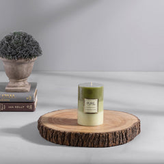 Tall Green Peony Blush and Suede Pillar Candle