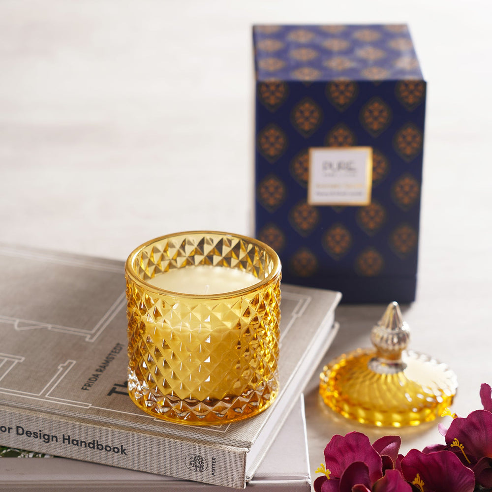 Wax Filled Yellow And Gold Diamond Glass Jar - Tall