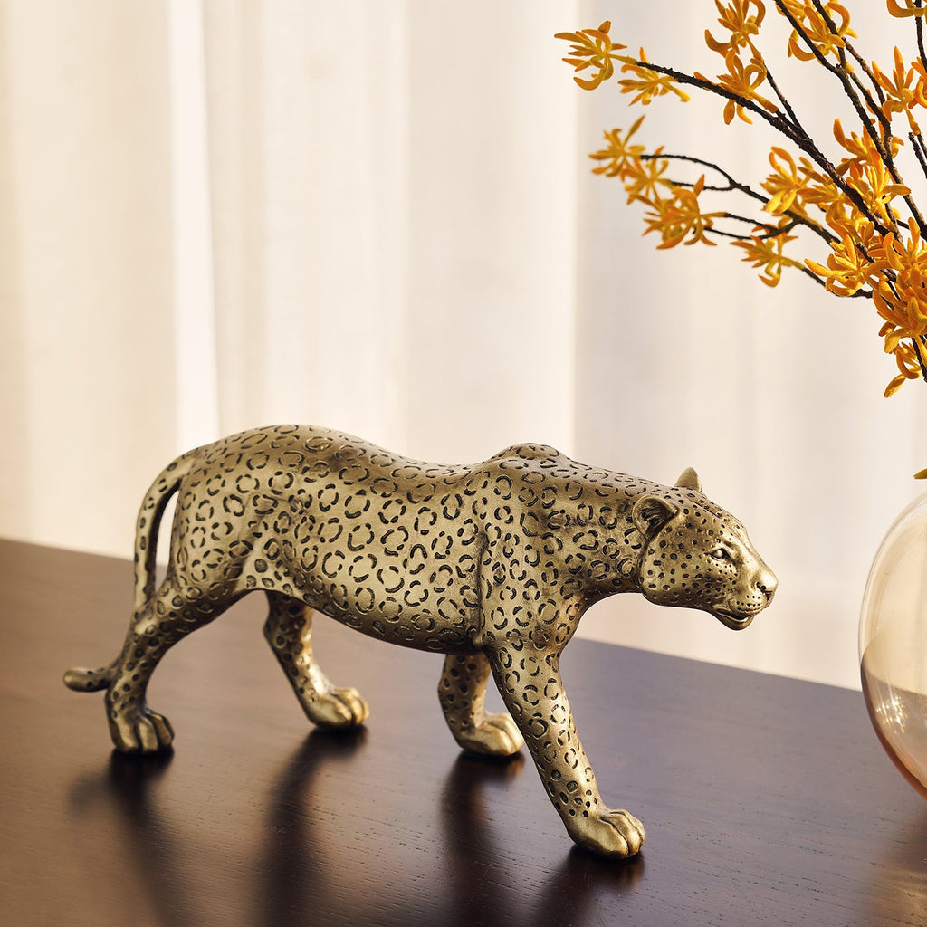 【 美品 】全長53㎝ RUNNING LEOPARD CAST BRONZE DecMode Gold Polystone Leopard Sculpture - 33 x 8 Accent