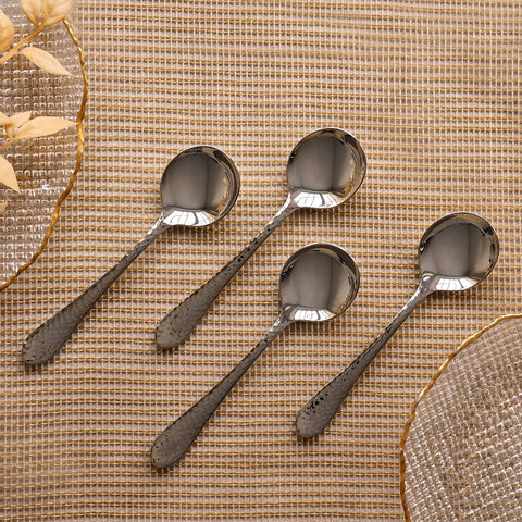 Set Of 4 Silver Steel Soup Spoons With Hammered Detail