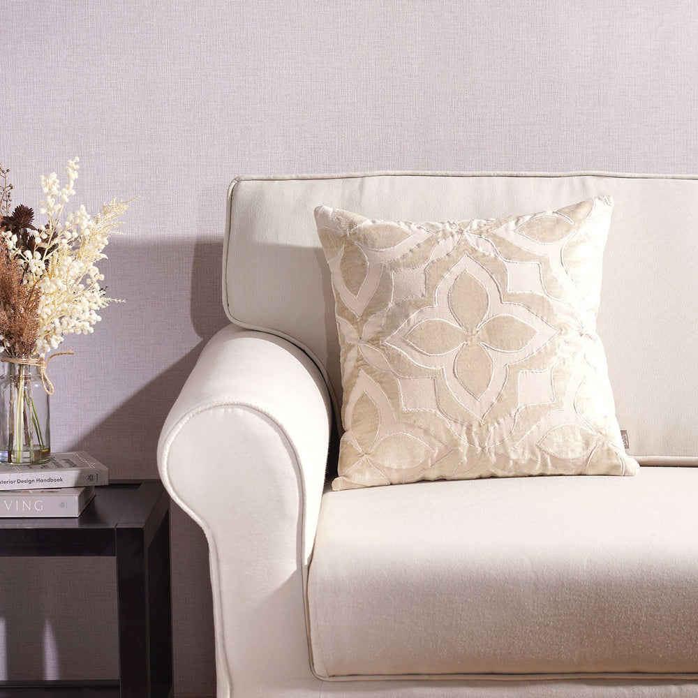 Beige Geometric Cotton Velvet Square Cushion Cover