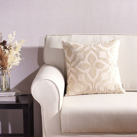 Beige Geometric Cotton Velvet Square Cushion Cover