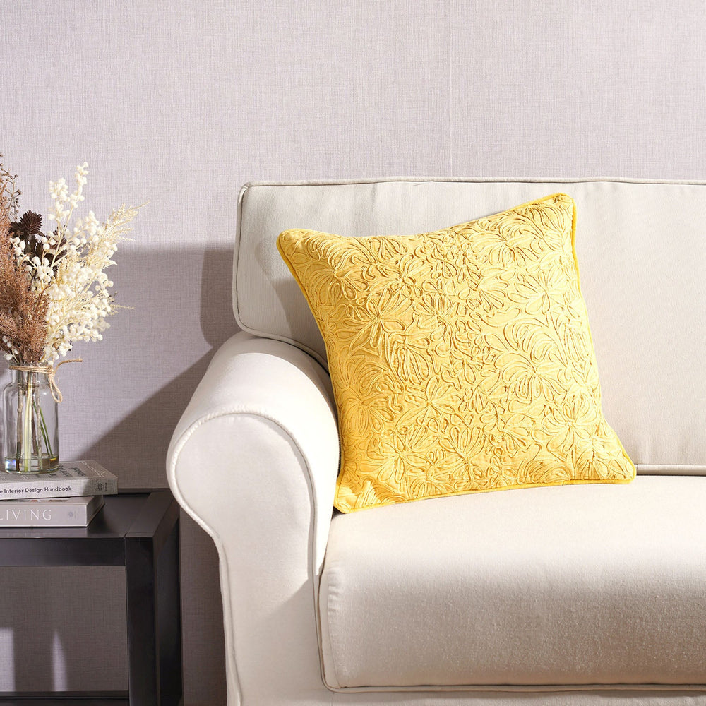 Yellow Floral Embroidered Square Cotton Cushion Cover