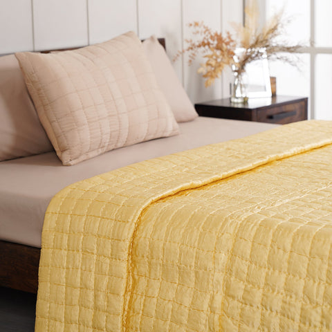 Yellow Hand Stitched Vegan Silk Double Bed Quilt