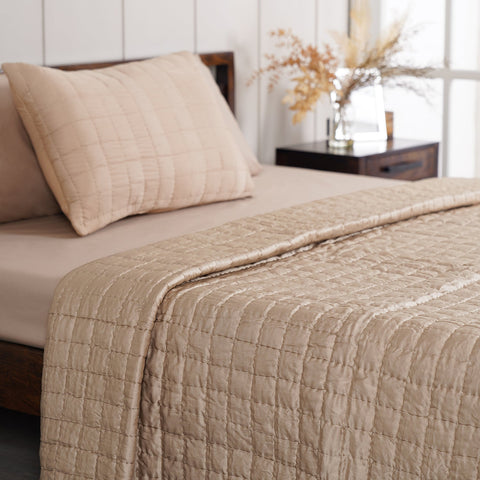 Beige Hand Stitched Vegan Silk Double Bed Quilt