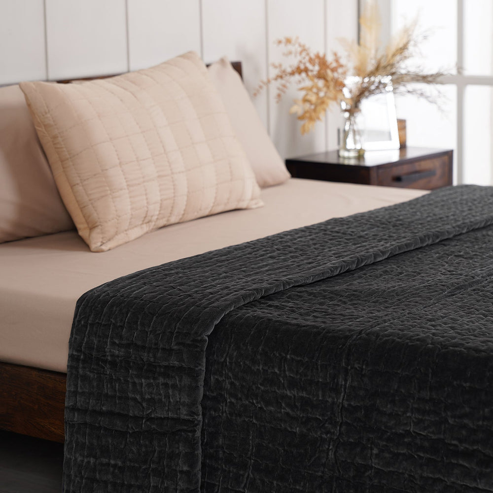 Charcoal Hand Stitched Superfine Velvet Double Bed Quilt