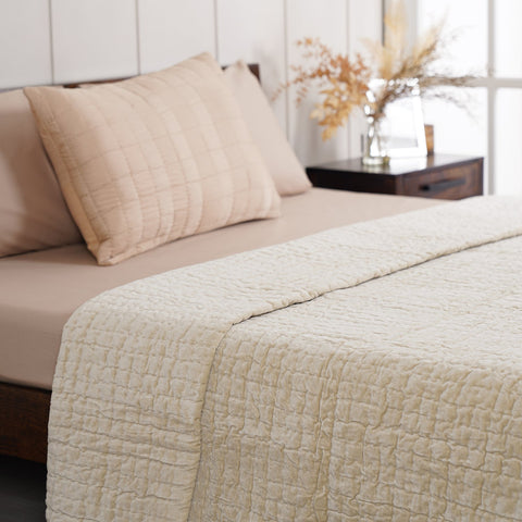 Beige Hand Stitched Superfine Velvet Double Bed Quilt