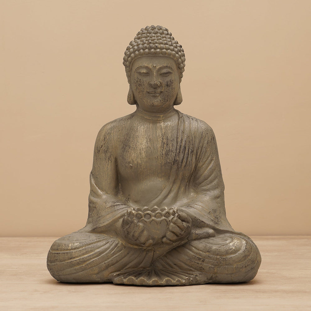 Grey Polyresin Sitting Buddha Sculpture With Tealight