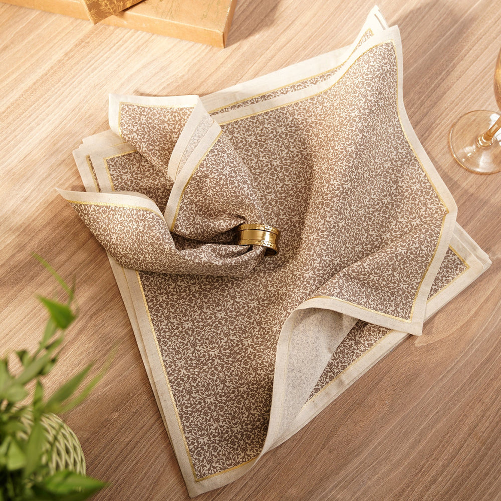 Set of 6 Beige Floral Print Table Napkins