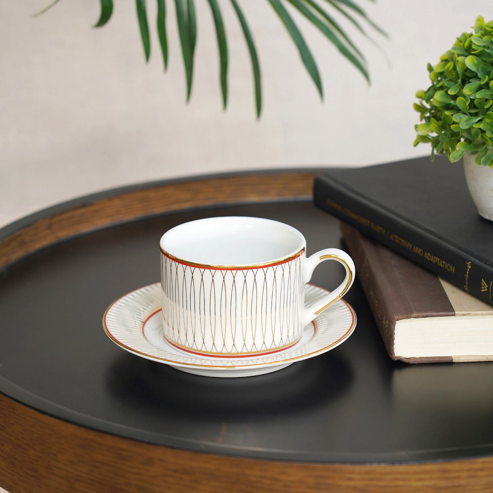 Set Of 6 White & Red Printed Porcelain Cups and Saucers