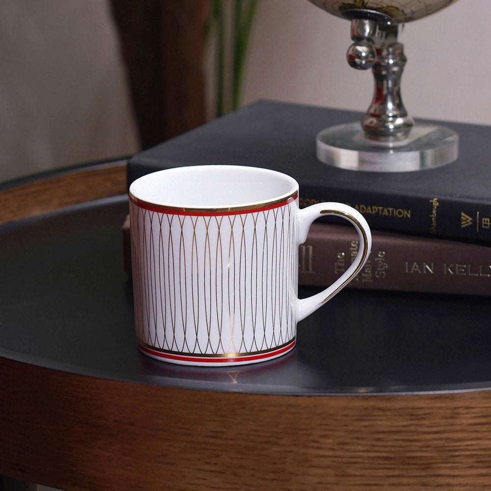 Set of 2 White Red Geometric Printed Porcelain Glossy Mugs