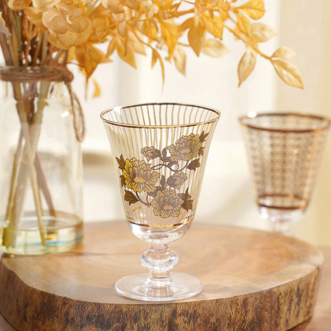 Set Of 4 Gold-Toned Floral Printed Wine Glass