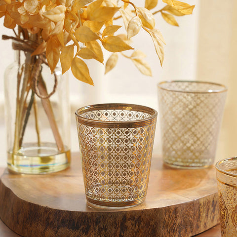 Set Of 4 Golden Glass Tumbler With Grey Ring