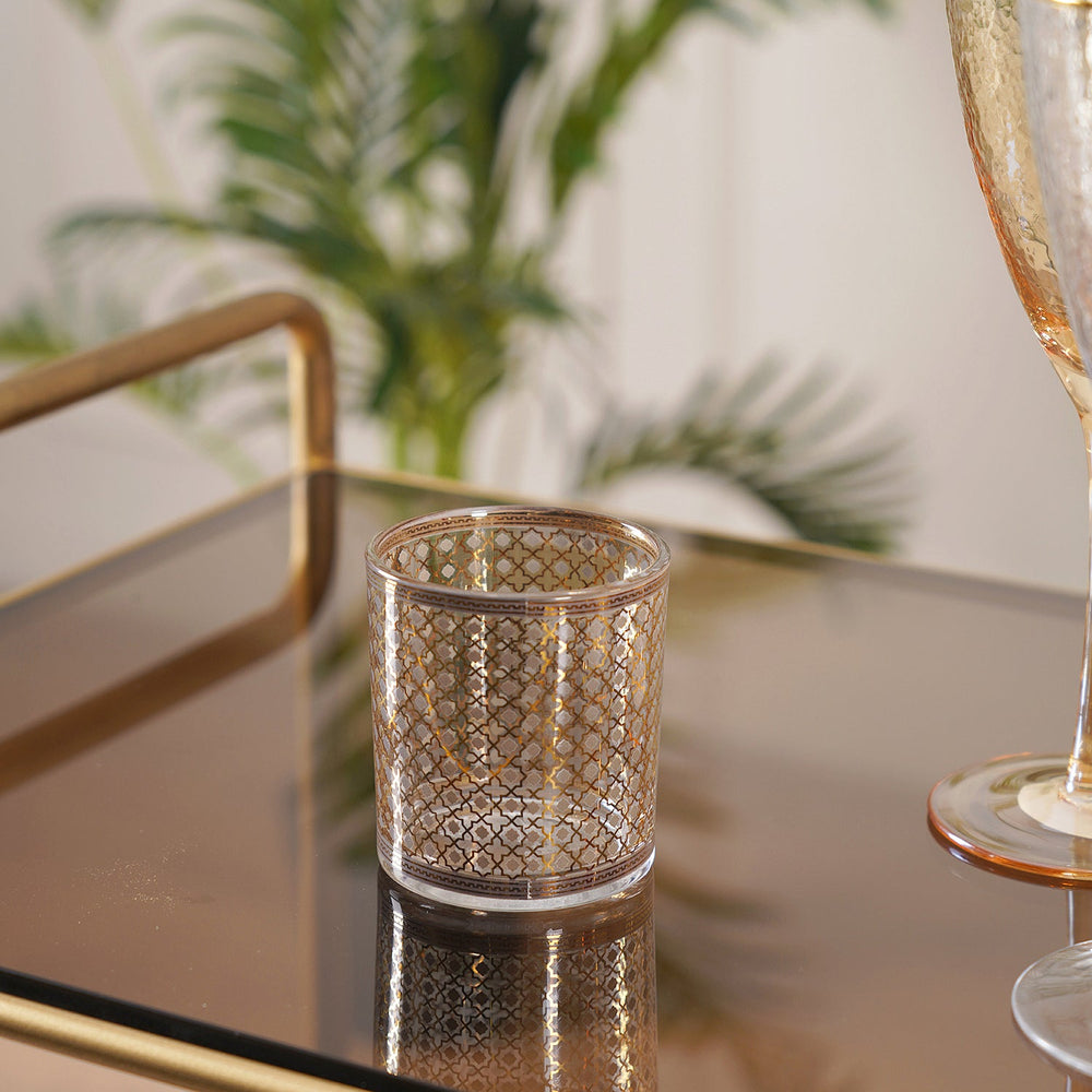 Set Of 4 Golden Glass Votive Holder With Grey Ring