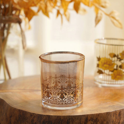 Set Of 4 Floral Design Golden And Grey Votive Holder