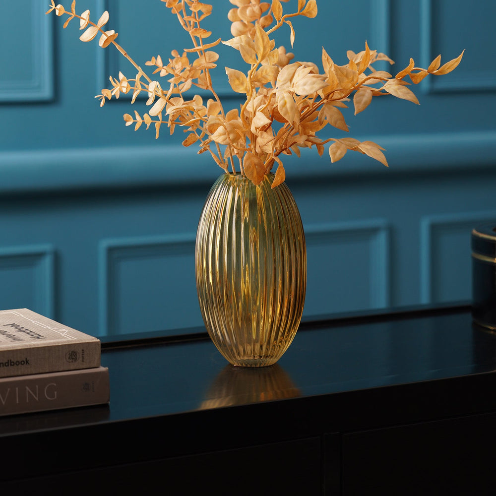 Gold Ribbed Cylindrical Clear Glass Vase - Large