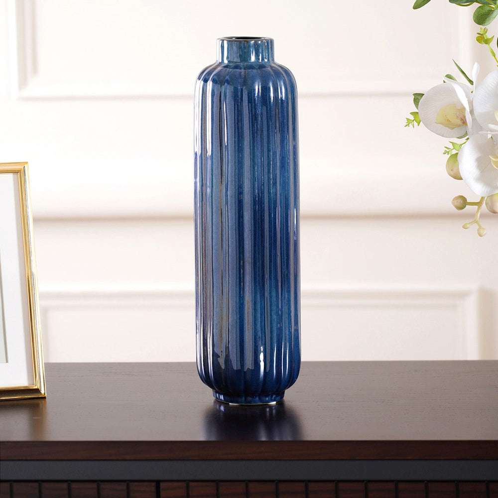 Blue Sapphire Ribbed Large Vase