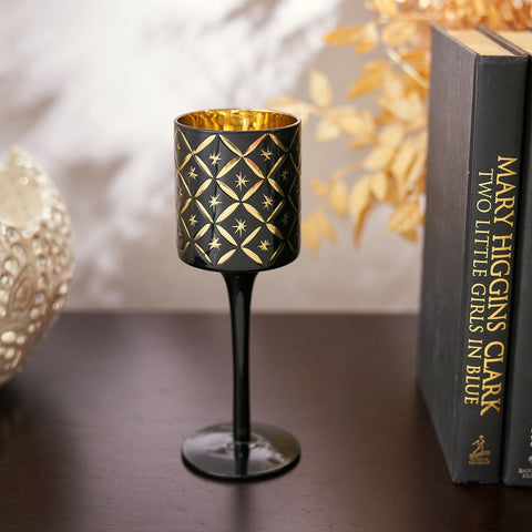 Black & Gold Cutwork Glass Stem Candle Holder - Small