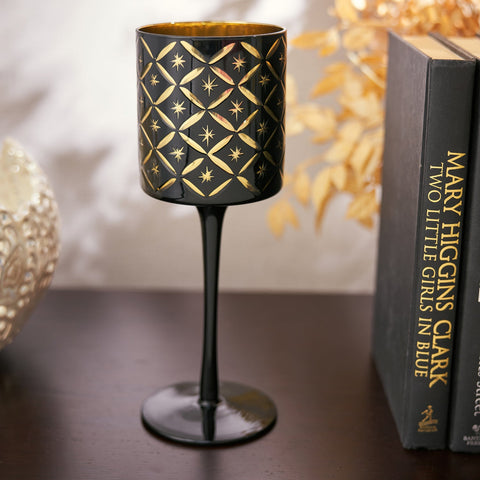 Black & Gold Cutwork Glass Stem Candle Holder - Large