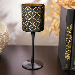 Black & Gold Cutwork Glass Stem Candle Holder - Large