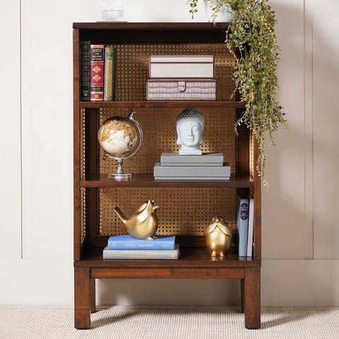 Brown Wood and Rattan Three Layered Bookshelf