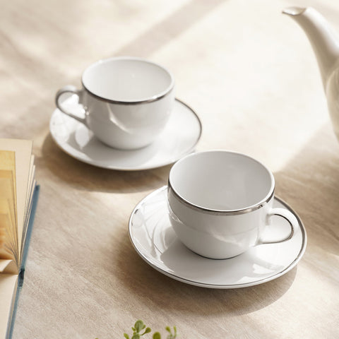 Set Of 2 Classic Silver Line Tea Cup Saucer