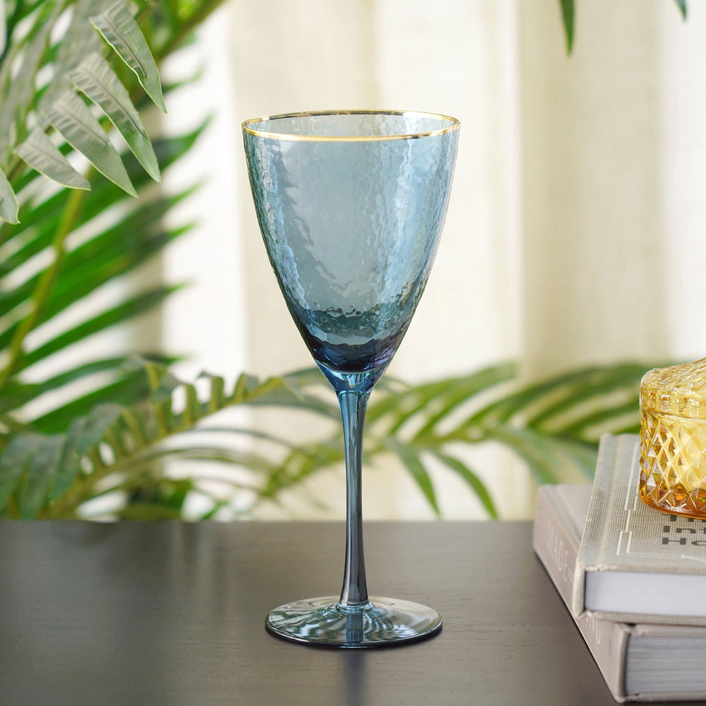 Set of 4 Sapphire Blue Hammered Wine Glass