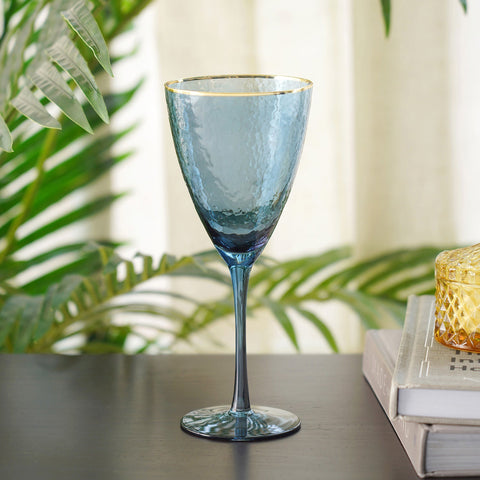 Set of 4 Sapphire Blue Hammered Wine Glass