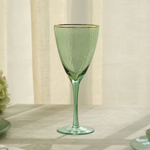 Set Of 4 Green Hammered Wine Glasses