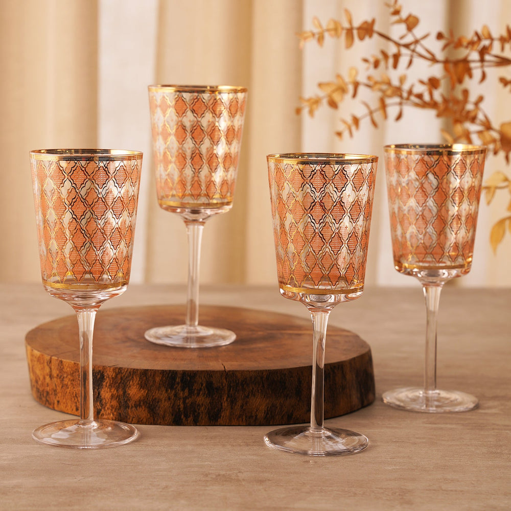 Set Of 4 Pink And Gold Printed Wine Glasses