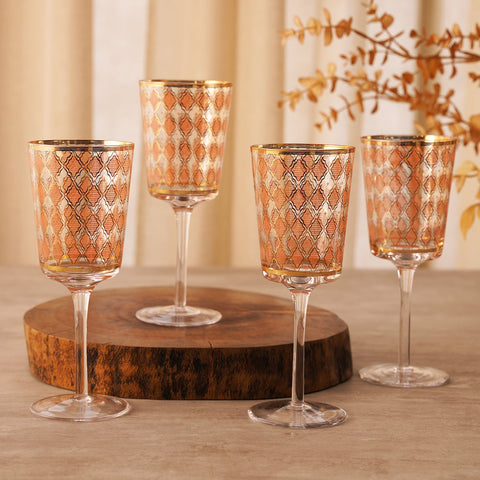 Set Of 4 Pink And Gold Printed Wine Glasses