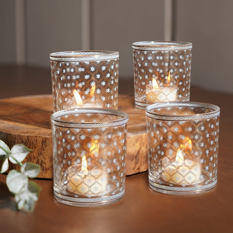 Set Of 4 Blue And Gold Floral Print Votives