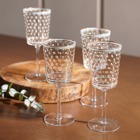 Set of 4 Blue and Gold Floral Print Wine Glasses