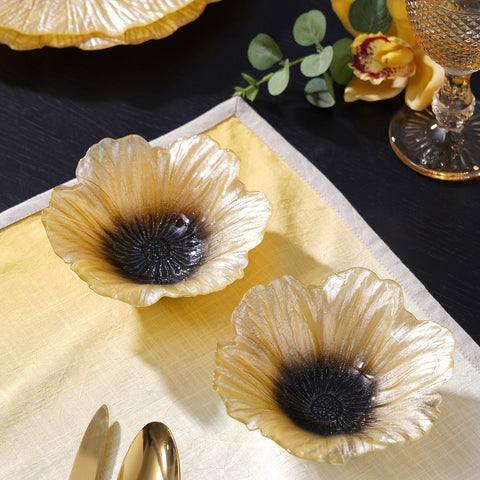 Set Of 2 Yellow Floral Shaped Glass Small Bowls