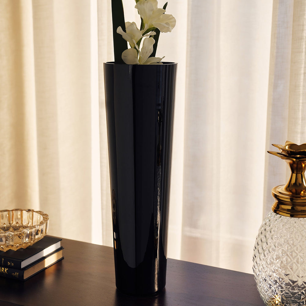 Black Glossy Funnel Shaped Glass Vase Medium