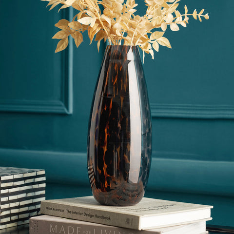 Leopard Print Brown Tapered Cylindrical Glass Vase