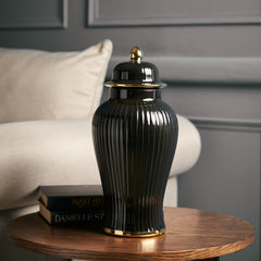 Solid Black & Gold Ceramic Urn - Small