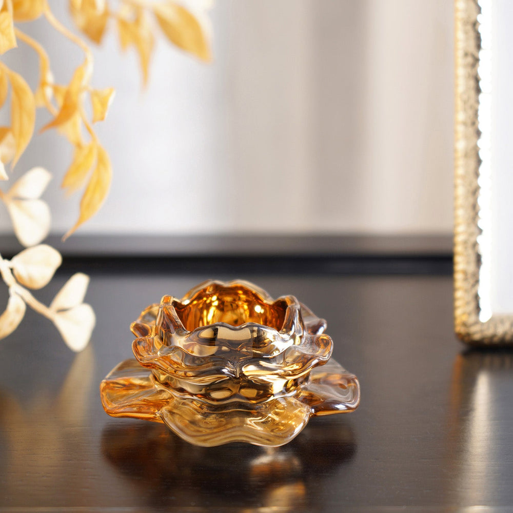 Set Of 4 Citrine Amber Floral T-Light Holder