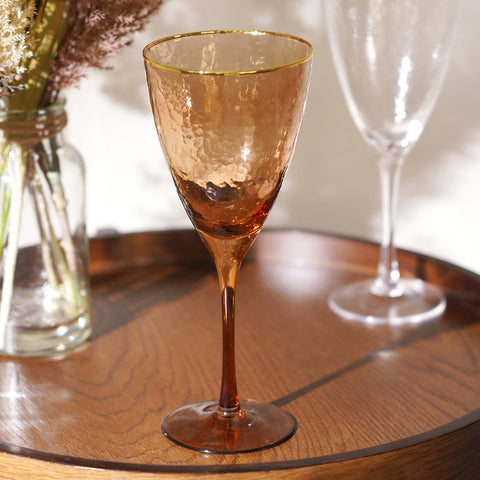 Set Of 4 Citrine Brown Hammered Wine Glass