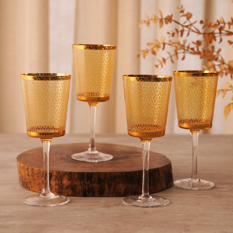 Set of 4 Gold Patternned Wine Glasses