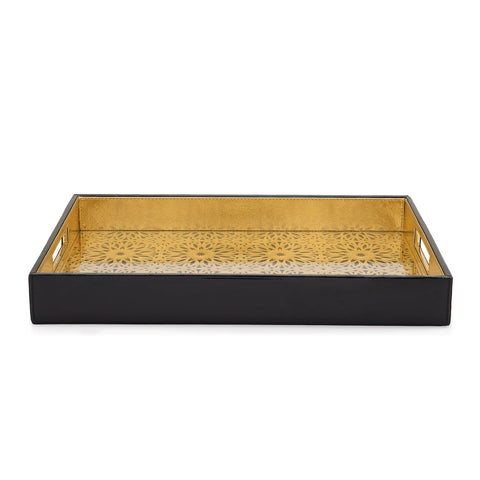 Black & Gold Rectangular Faux Leather Serving Tray