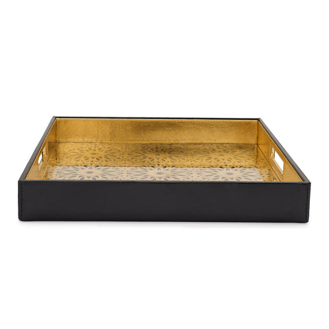 Black & Gold Square Faux Leather Serving Tray