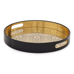 Black & Gold Round Faux Leather Tray