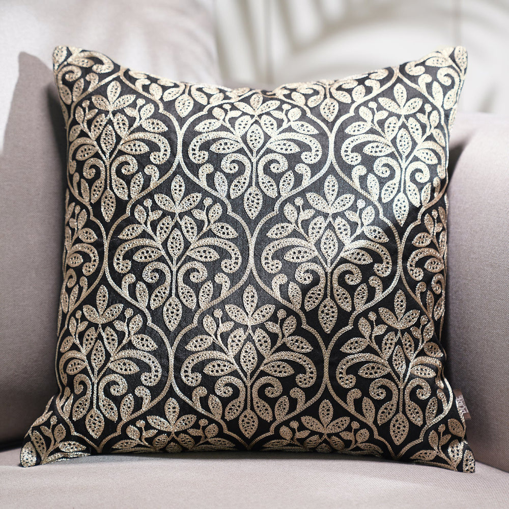 Black & Gold Floral Embroidery Polydupion Cushion Cover