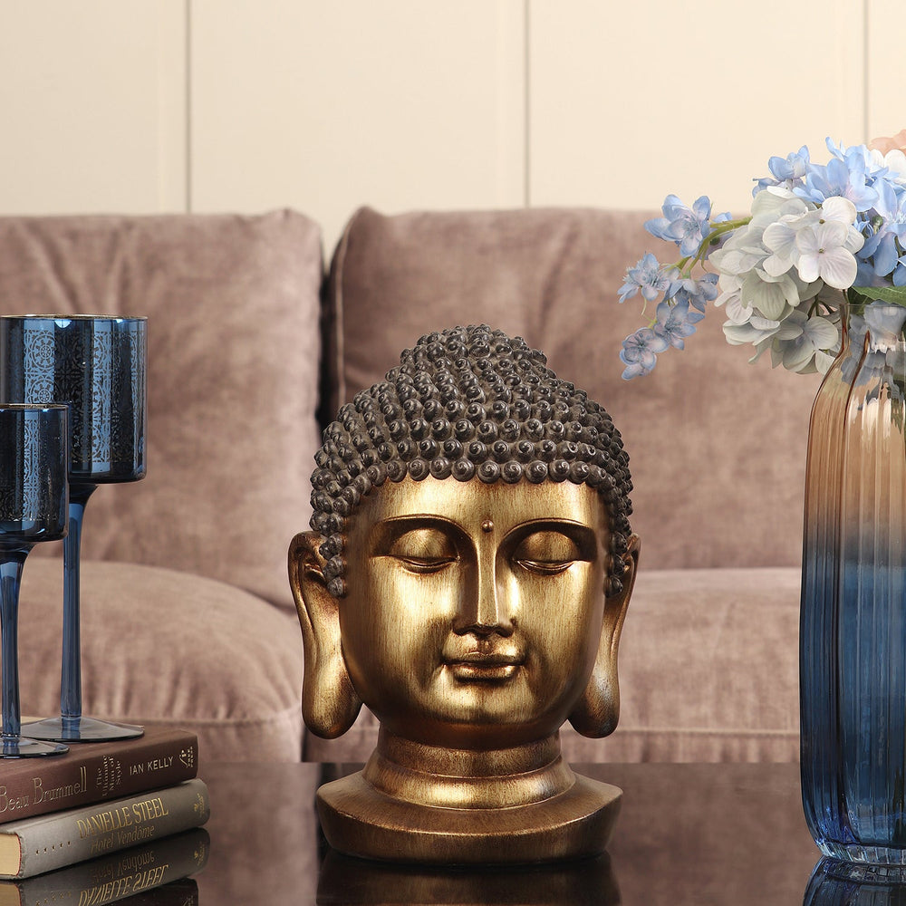 Antique Gold Polyresin Buddha Head with Round Base - Medium