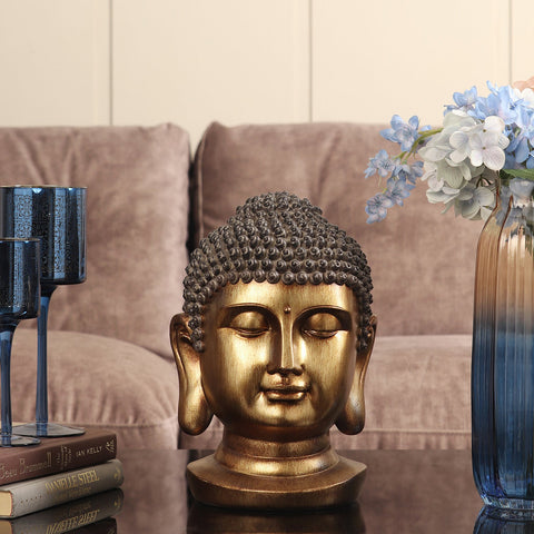 Antique Gold Polyresin Buddha Head With Round Base