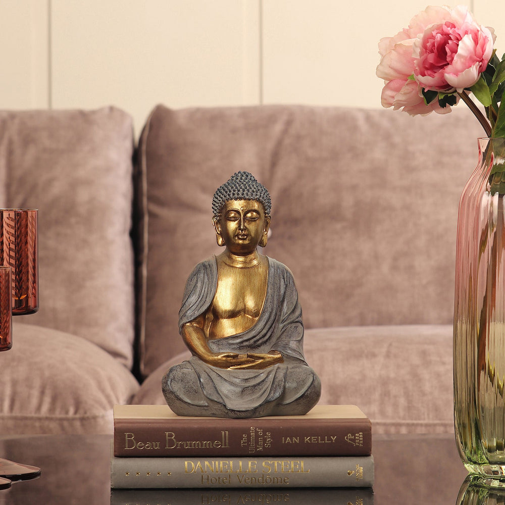 Antique Gold Polyresin Meditating Buddha Sculpture