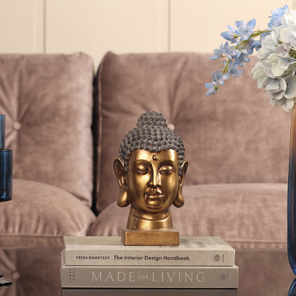 Antique Gold Polyresin Buddha Head With Square Base