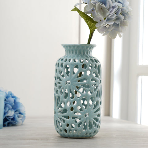 Blue Floral Pattern Ceramic Vase - Blue