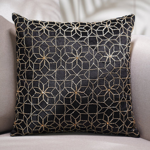 Black & Gold Velvet Geometric Print Cushion Cover
